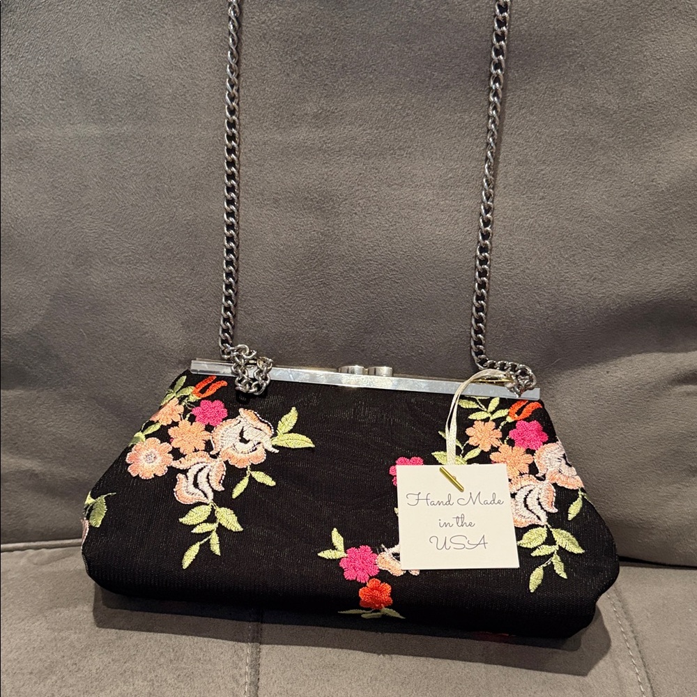 Floral Embroidered Black Handbag
